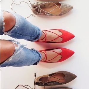 Red Faux Suede Strappy Flats